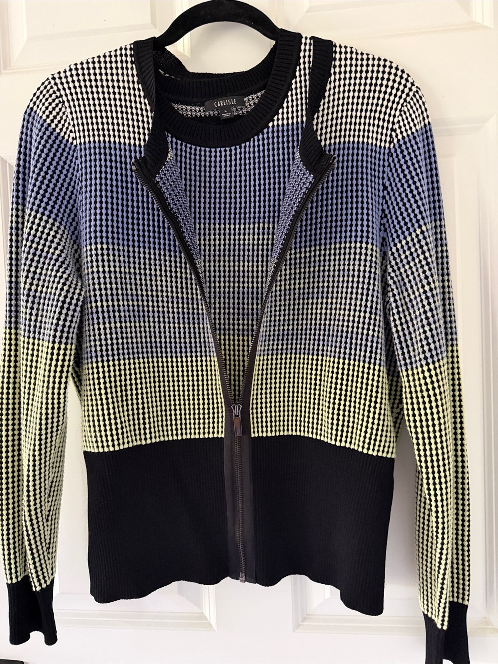 Carlisle Black, Blue, Yellow and white Striped Zip Cardigan Set